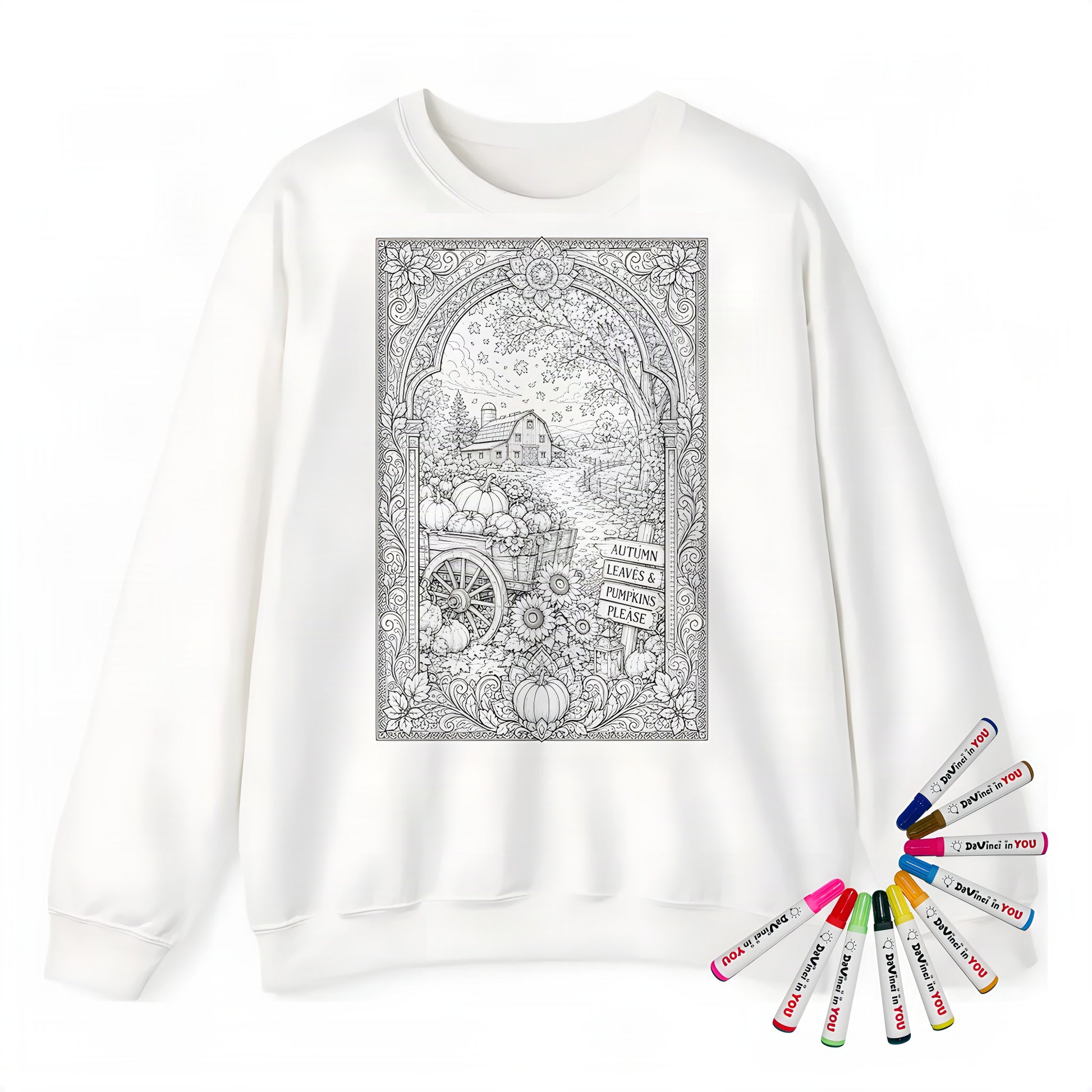 Autumn Harvest Pumpkin Cart Adult Crewneck Sweatshirt coloring kit mockup with white base, cotton/polyester blend, and graphic print