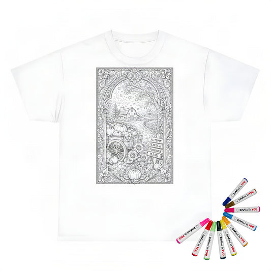 Autumn Harvest Pumpkin Cart Kids T-Shirt coloring kit mockup with white base, cotton, and graphic print