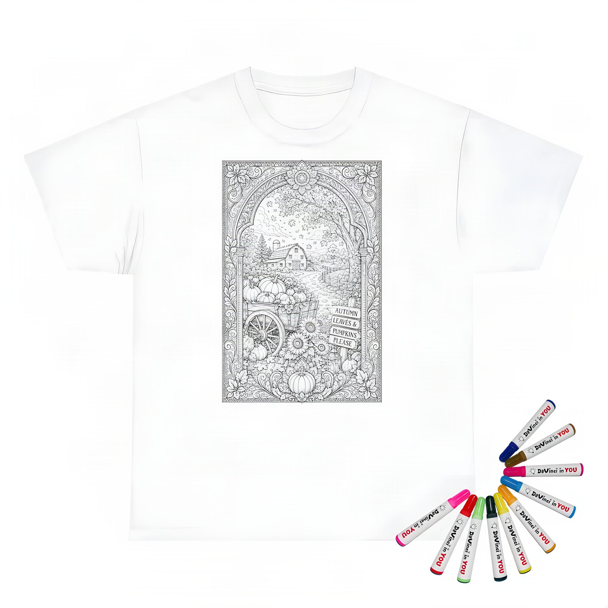 Autumn Harvest Pumpkin Cart Unisex T-Shirt coloring kit mockup with white base, cotton, and graphic print