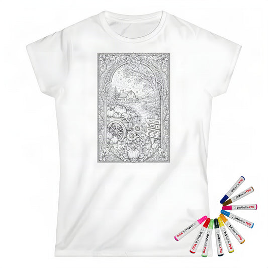 Autumn Harvest Pumpkin Cart Womens T-Shirt coloring kit mockup with white base, cotton, and graphic print