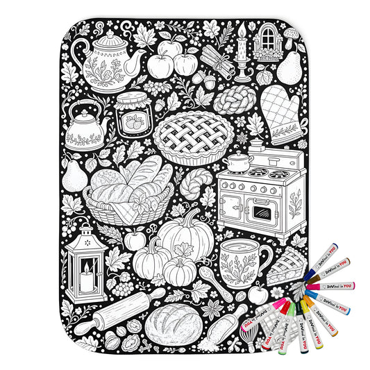 Autumn Kitchen Sherpa Blanket coloring kit mockup with polyester and graphic print