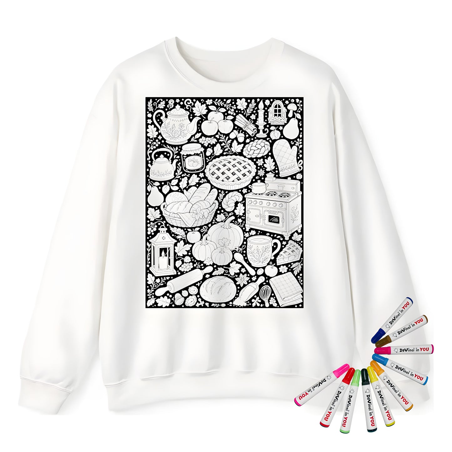 Autumn Kitchen Adult Crewneck Sweatshirt coloring kit mockup with white base, cotton/polyester blend, and graphic print