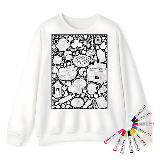 Autumn Kitchen Adult Crewneck Sweatshirt coloring kit mockup with white base, cotton/polyester blend, and graphic print