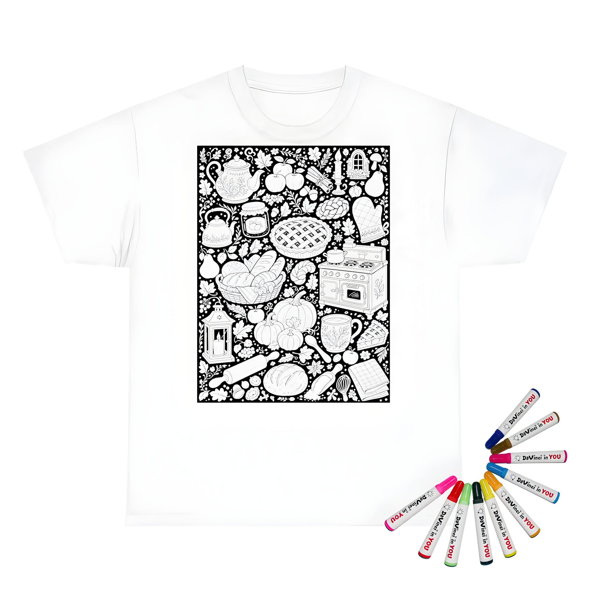 Autumn Kitchen Kids T-Shirt coloring kit mockup with white base, cotton, and graphic print