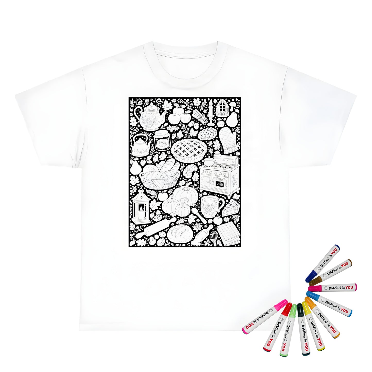 Autumn Kitchen Unisex T-Shirt coloring kit mockup with white base, cotton, and graphic print