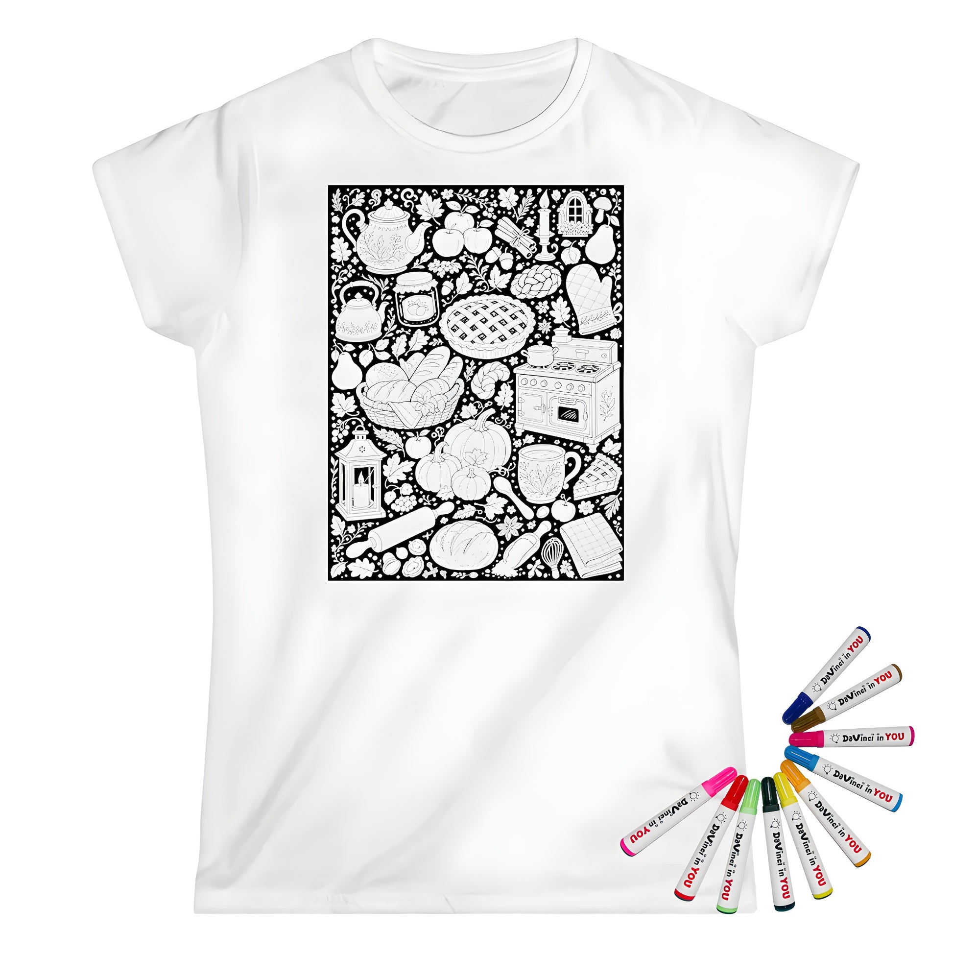 Autumn Kitchen Womens T-Shirt coloring kit mockup with white base, cotton, and graphic print