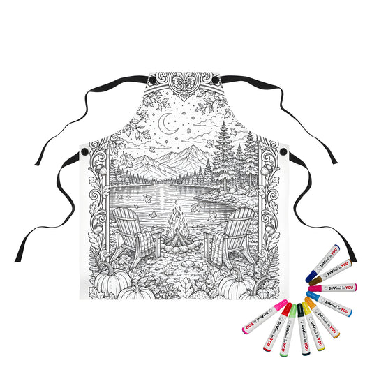 Autumn Lakeside Campfire Apron coloring kit mockup with polyester and graphic print