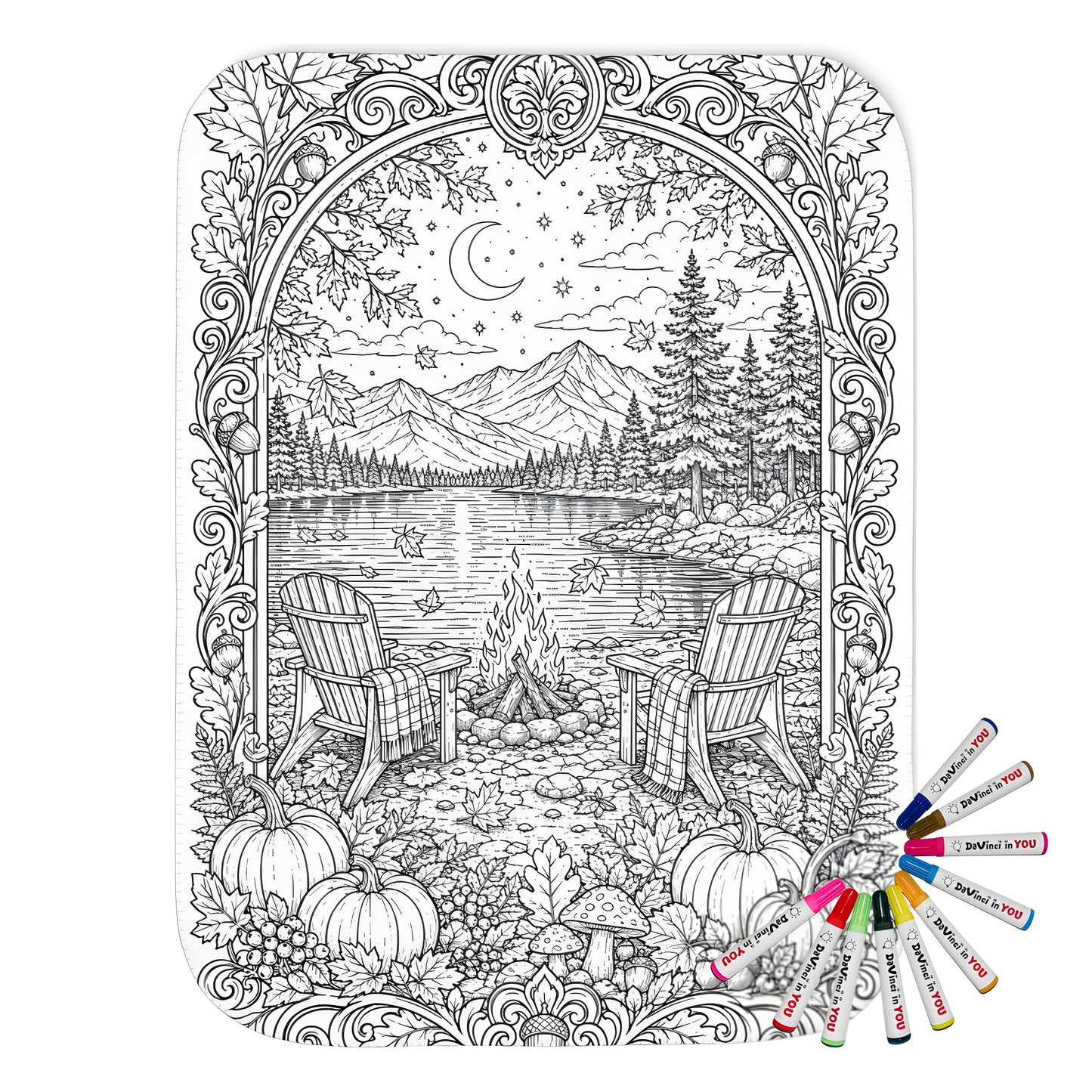 Autumn Lakeside Campfire Sherpa Blanket coloring kit mockup with polyester and graphic print