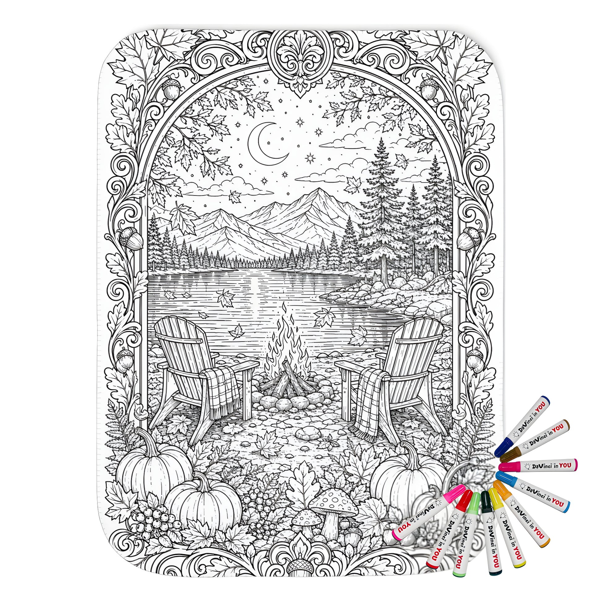 Autumn Lakeside Campfire Sherpa Blanket coloring kit mockup with polyester and graphic print