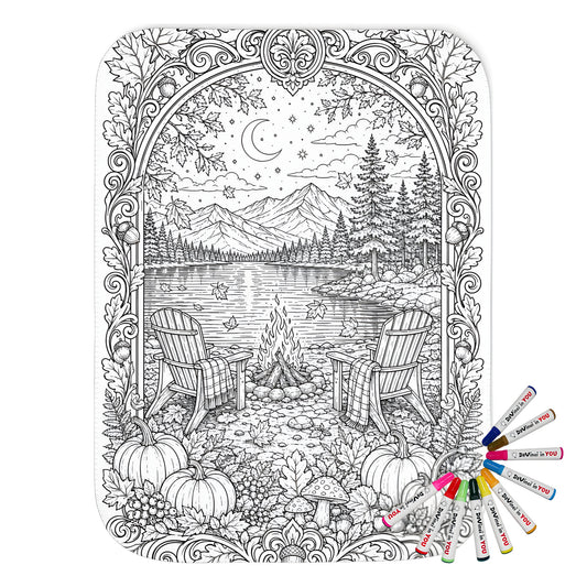 Autumn Lakeside Campfire Sherpa Blanket coloring kit mockup with polyester and graphic print