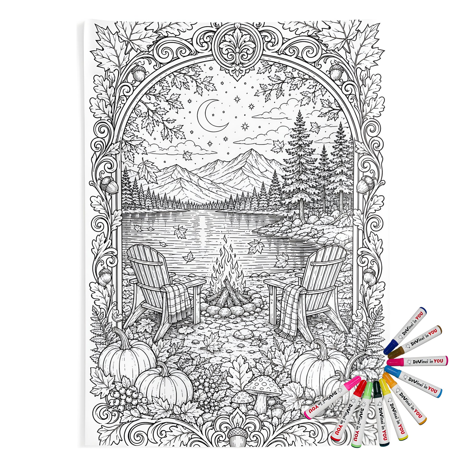 Autumn Lakeside Campfire Indoor Wall Tapestry coloring kit mockup with polyester and graphic print