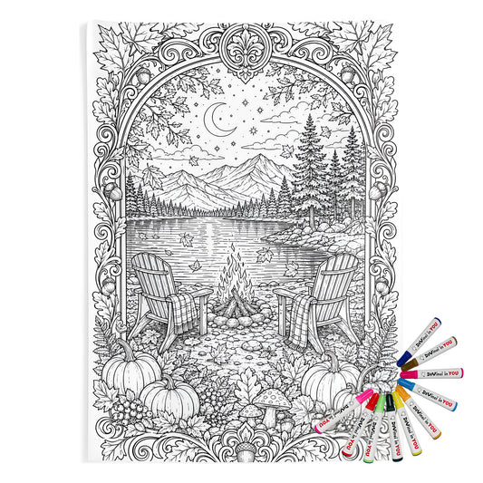 Autumn Lakeside Campfire Indoor Wall Tapestry coloring kit mockup with polyester and graphic print