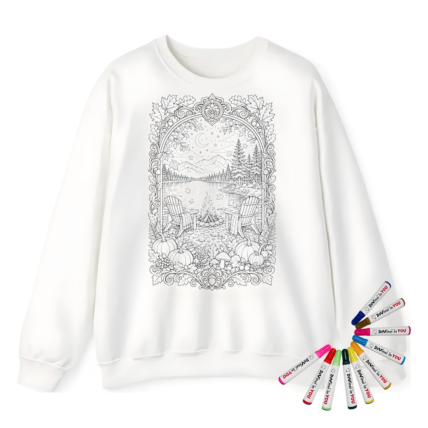 Autumn Lakeside Campfire Adult Crewneck Sweatshirt coloring kit mockup with white base, cotton/polyester blend, and graphic print