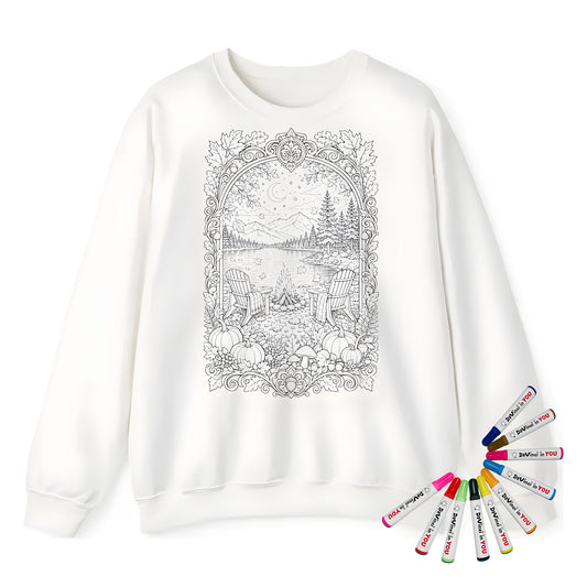 Autumn Lakeside Campfire Adult Crewneck Sweatshirt coloring kit mockup with white base, cotton/polyester blend, and graphic print