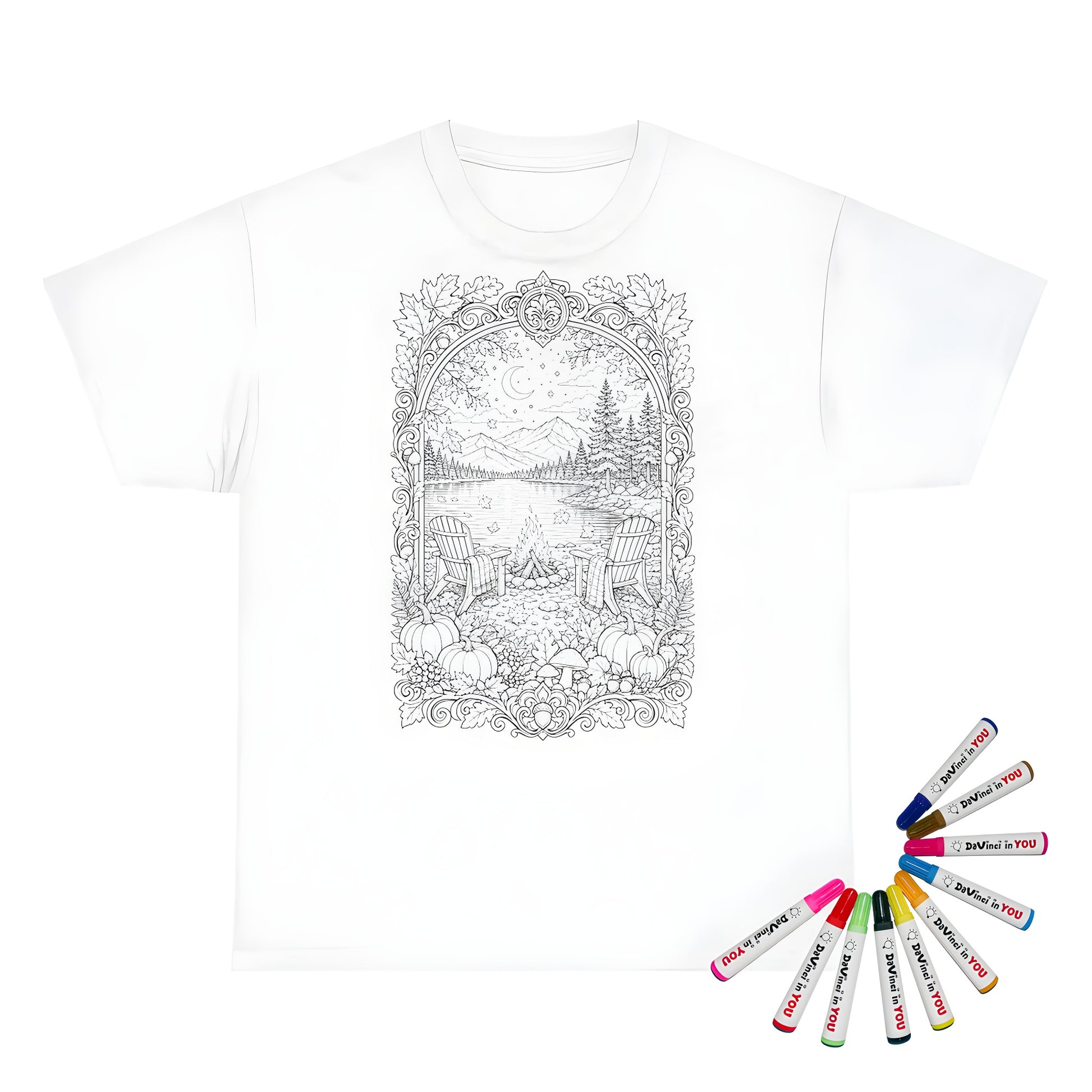 Autumn Lakeside Campfire Kids T-Shirt coloring kit mockup with white base, cotton, and graphic print
