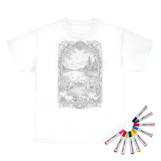Autumn Lakeside Campfire Kids T-Shirt coloring kit mockup with white base, cotton, and graphic print