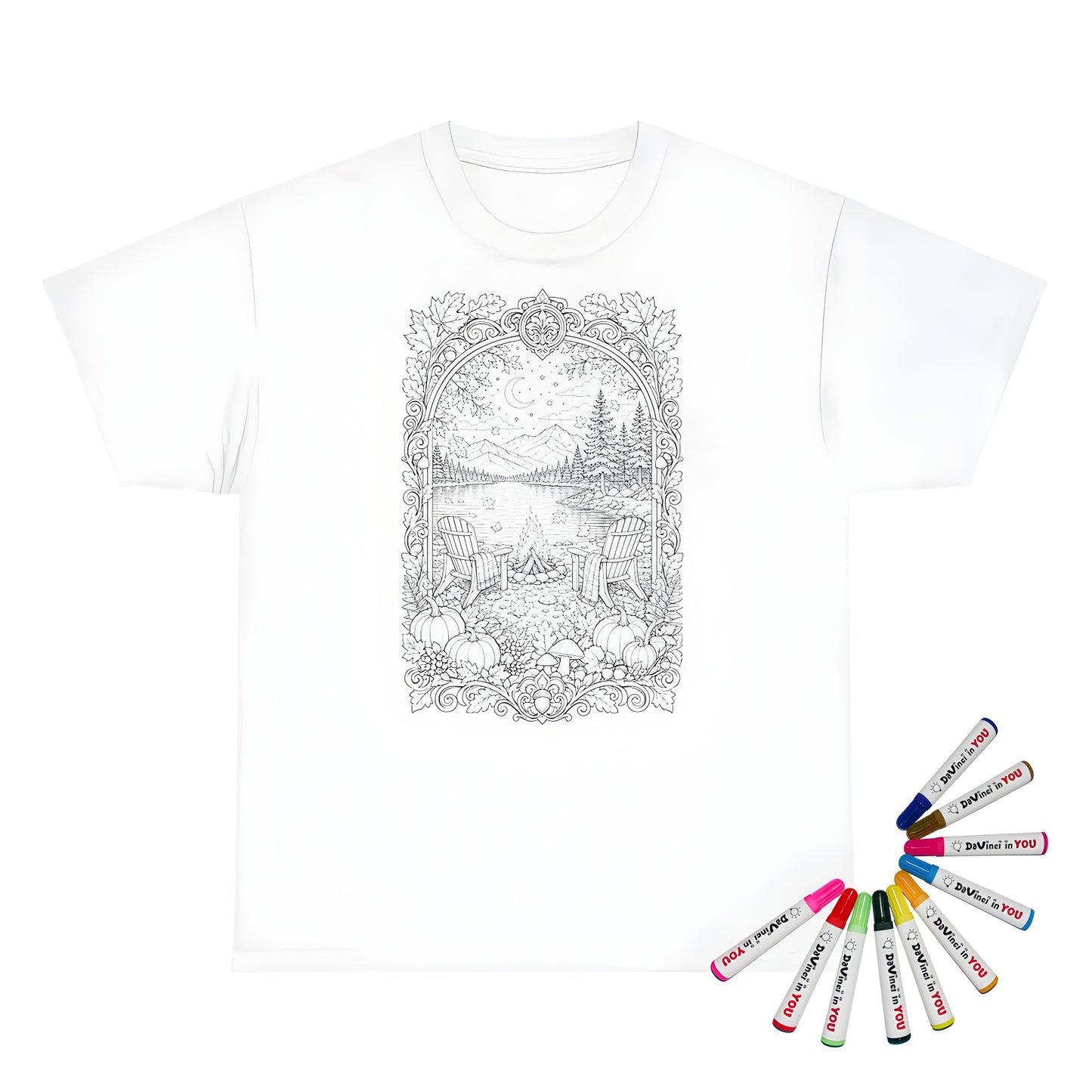 Autumn Lakeside Campfire Unisex T-Shirt coloring kit mockup with white base, cotton, and graphic print