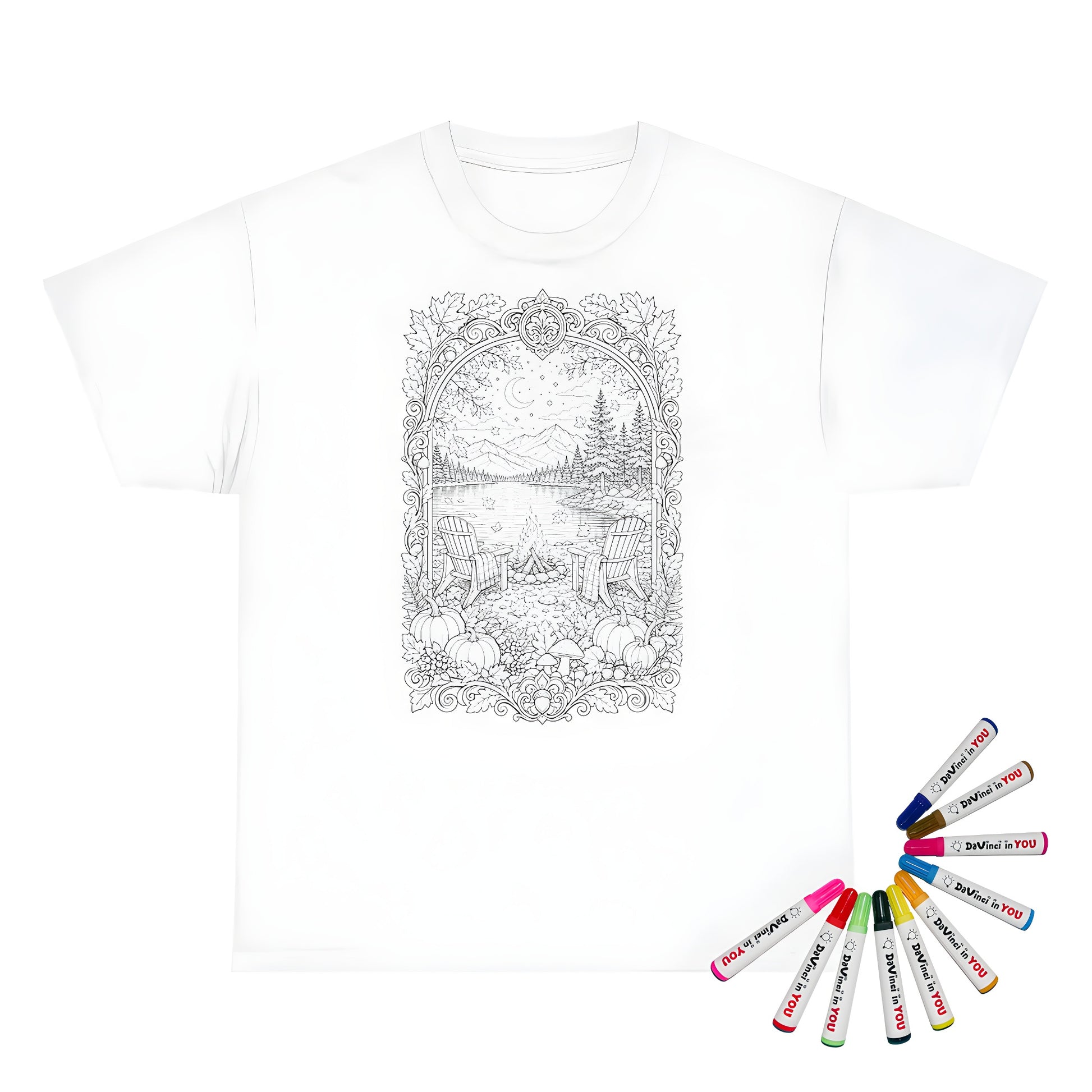 Autumn Lakeside Campfire Unisex T-Shirt coloring kit mockup with white base, cotton, and graphic print