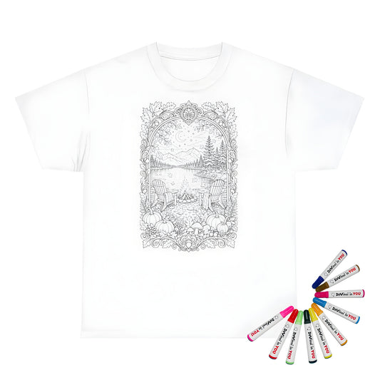 Autumn Lakeside Campfire Unisex T-Shirt coloring kit mockup with white base, cotton, and graphic print