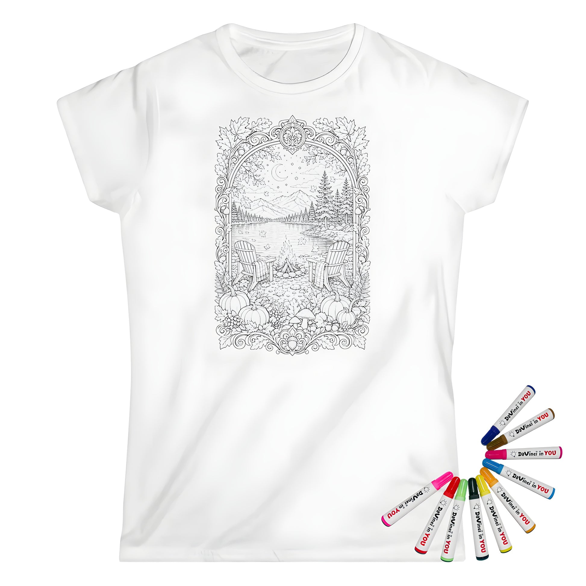 Autumn Lakeside Campfire Womens T-Shirt coloring kit mockup with white base, cotton, and graphic print