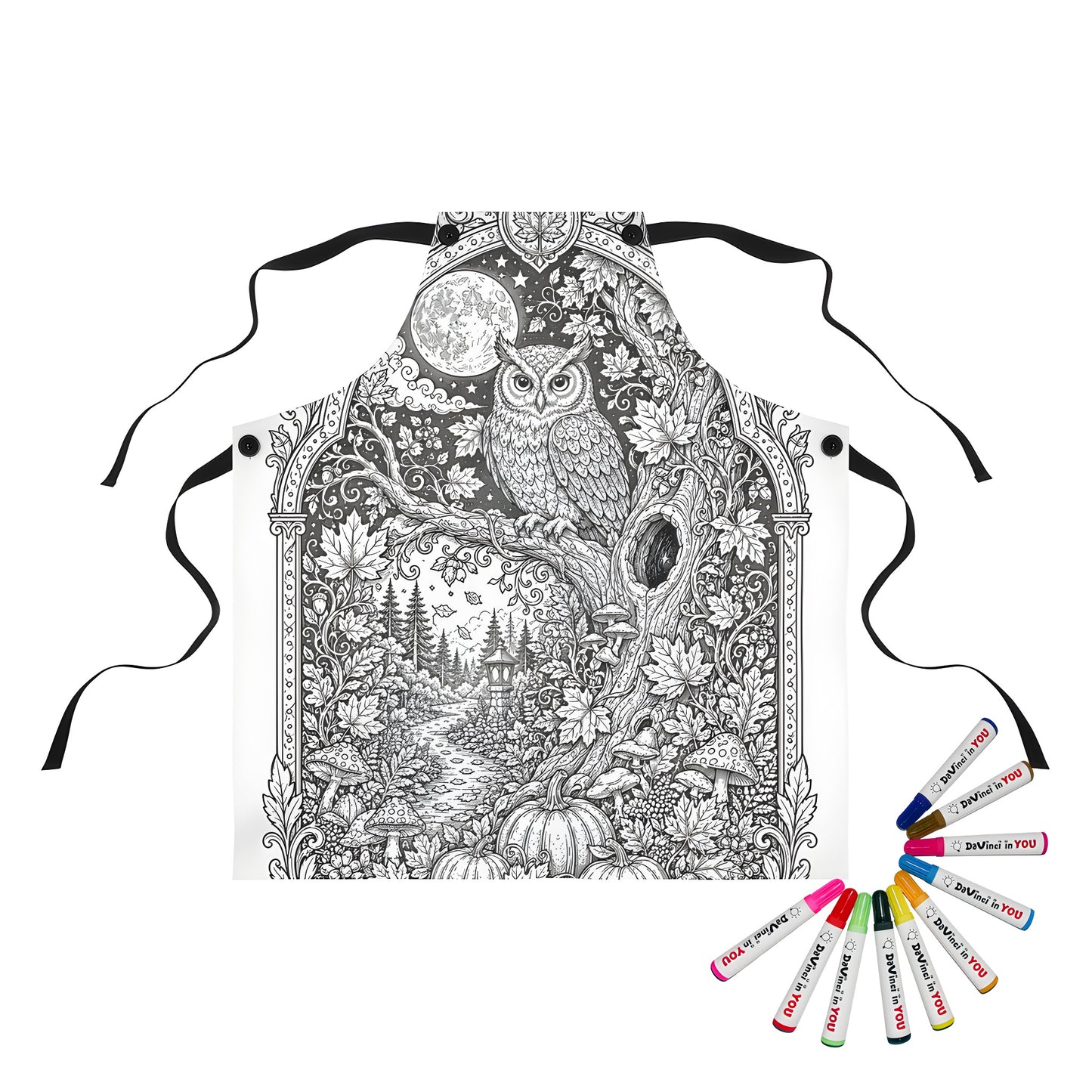 Autumn Moonlit Owl Apron coloring kit mockup with polyester and graphic print