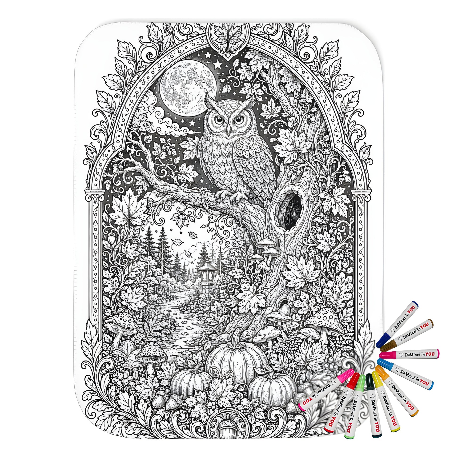 Autumn Moonlit Owl Sherpa Blanket coloring kit mockup with polyester and graphic print