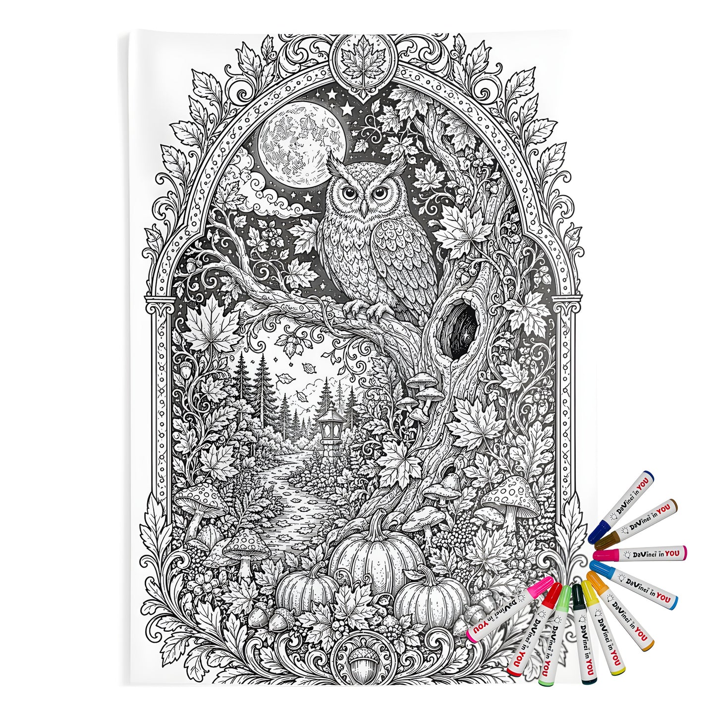 Autumn Moonlit Owl Indoor Wall Tapestry coloring kit mockup with polyester and graphic print