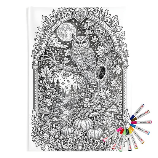 Autumn Moonlit Owl Indoor Wall Tapestry coloring kit mockup with polyester and graphic print
