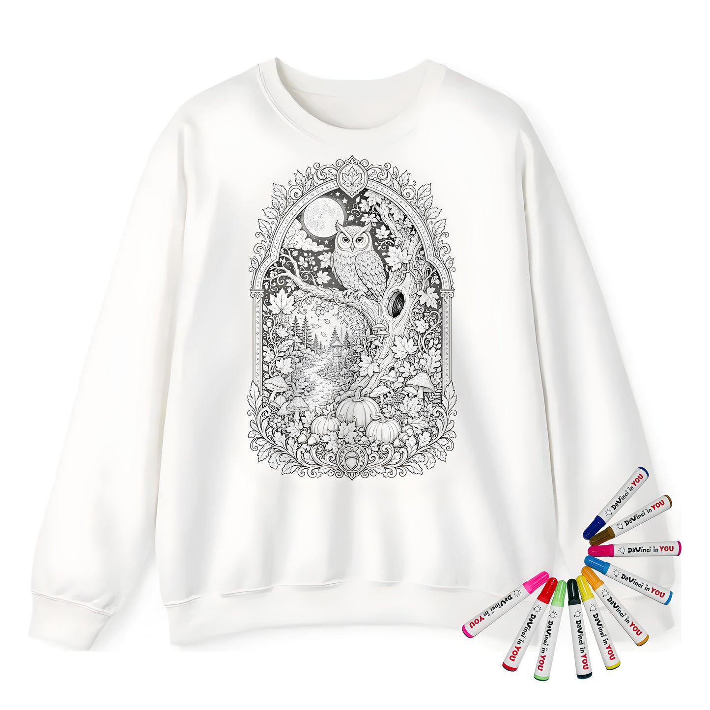 Autumn Moonlit Owl Adult Crewneck Sweatshirt coloring kit mockup with white base, cotton/polyester blend, and graphic print