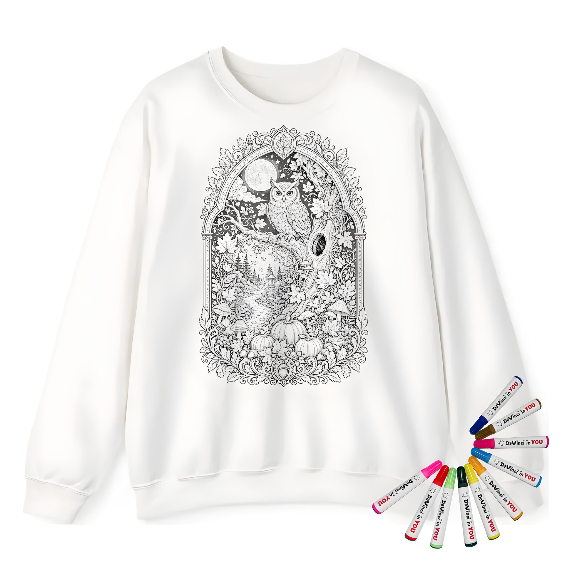 Autumn Moonlit Owl Adult Crewneck Sweatshirt coloring kit mockup with white base, cotton/polyester blend, and graphic print