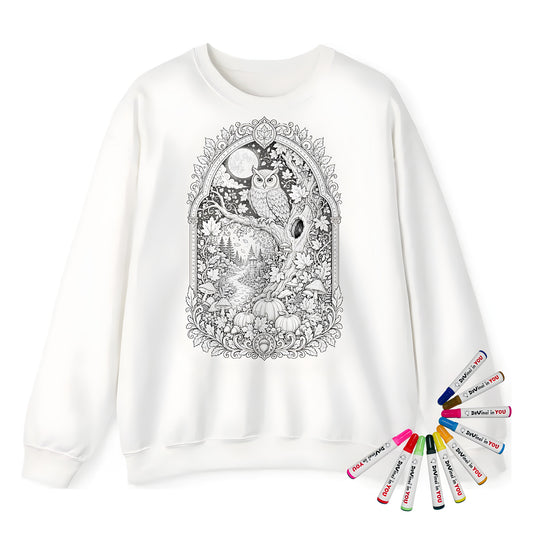 Autumn Moonlit Owl Adult Crewneck Sweatshirt coloring kit mockup with white base, cotton/polyester blend, and graphic print