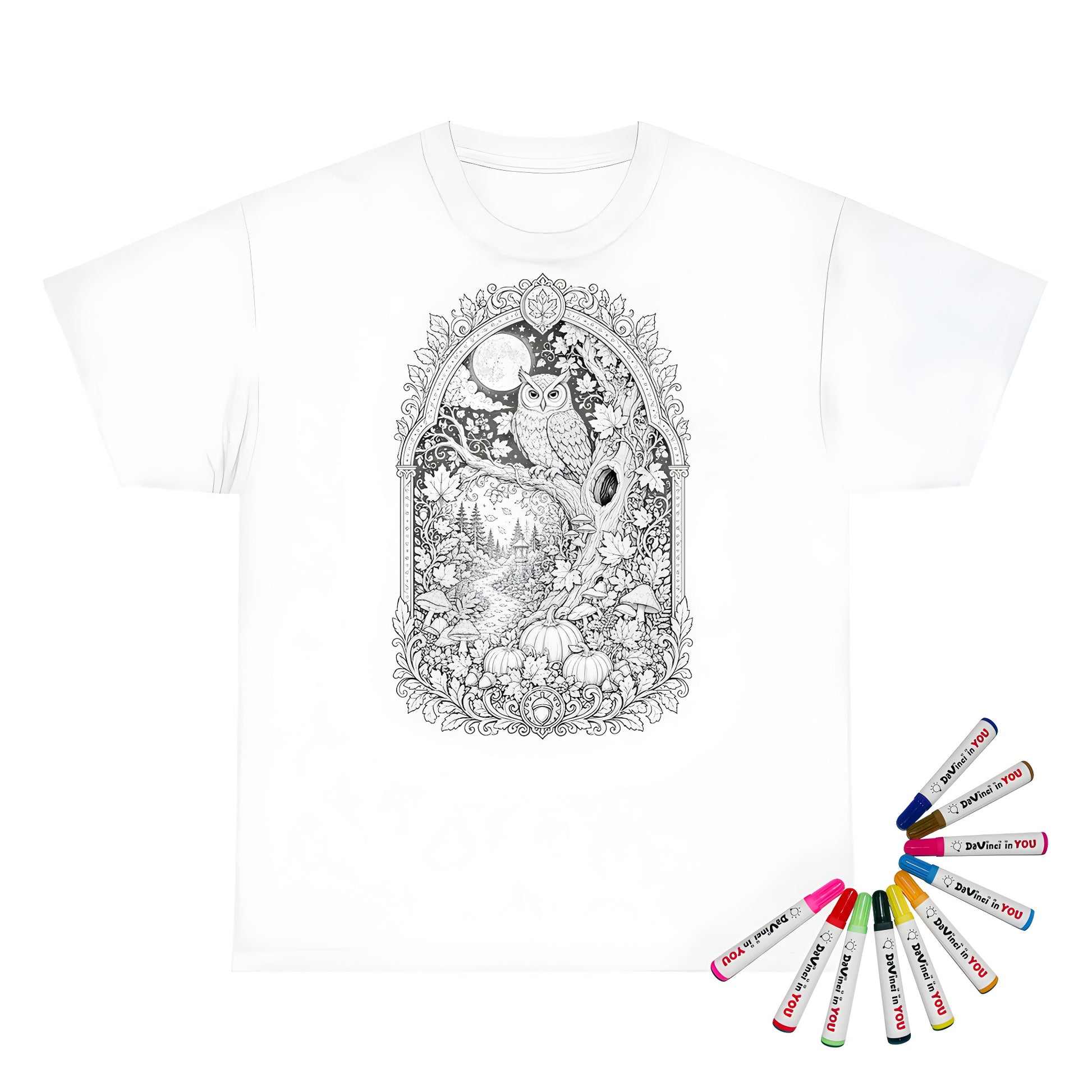 Autumn Moonlit Owl Kids T-Shirt coloring kit mockup with white base, cotton, and graphic print