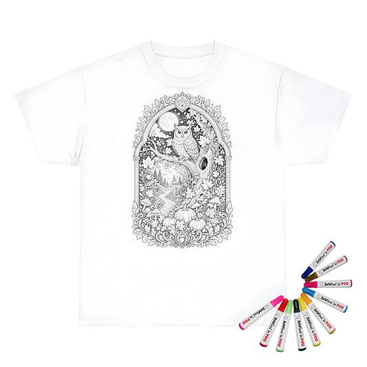 Autumn Moonlit Owl Kids T-Shirt coloring kit mockup with white base, cotton, and graphic print