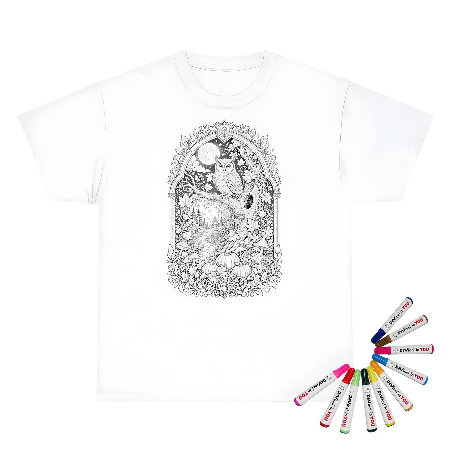 Autumn Moonlit Owl Unisex T-Shirt coloring kit mockup with white base, cotton, and graphic print