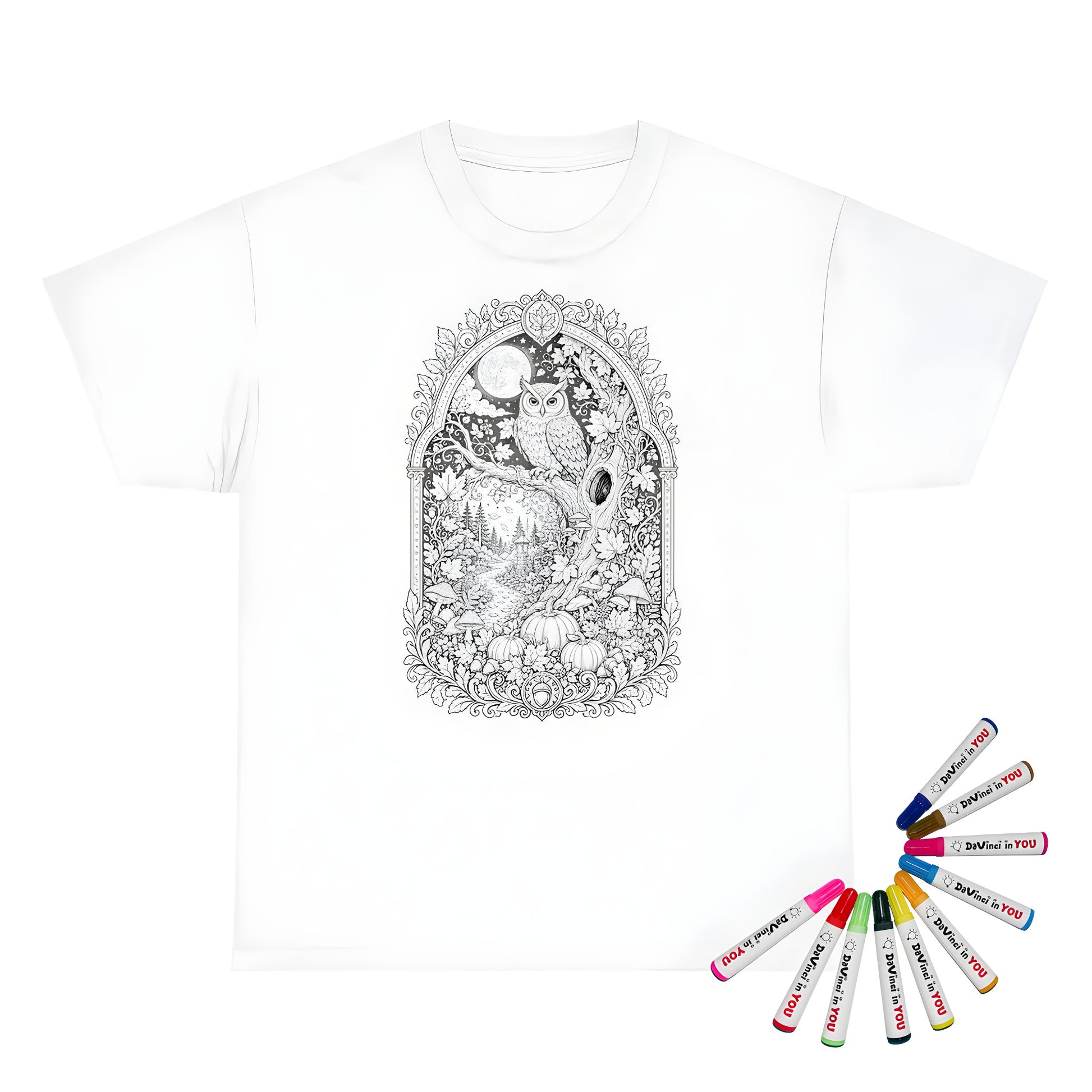 Autumn Moonlit Owl Unisex T-Shirt coloring kit mockup with white base, cotton, and graphic print