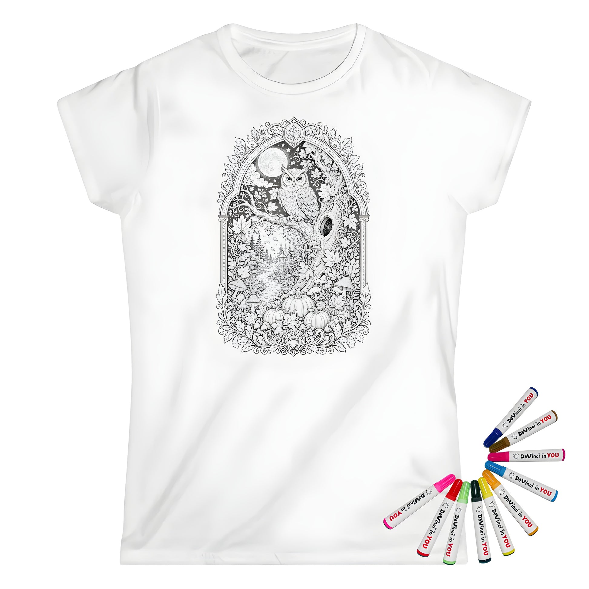 Autumn Moonlit Owl Womens T-Shirt coloring kit mockup with white base, cotton, and graphic print