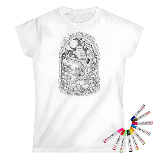 Autumn Moonlit Owl Womens T-Shirt coloring kit mockup with white base, cotton, and graphic print