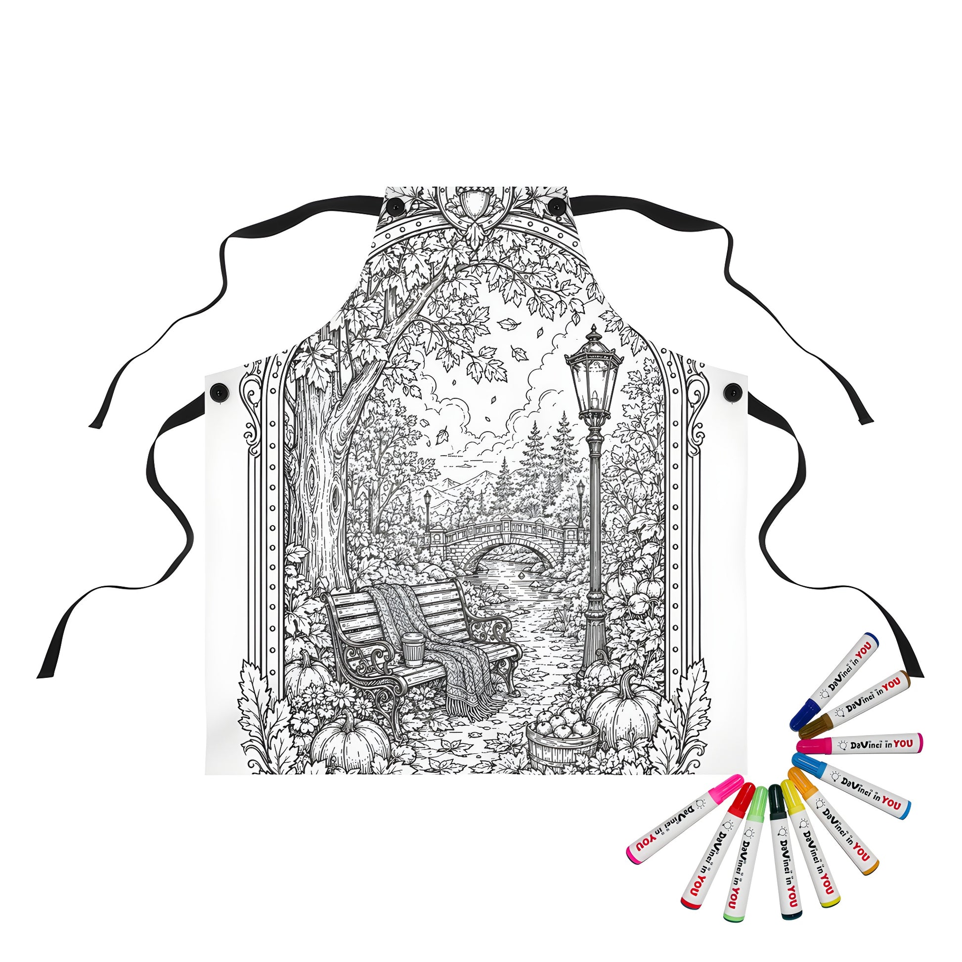 Autumn Park Bench Apron coloring kit mockup with polyester and graphic print