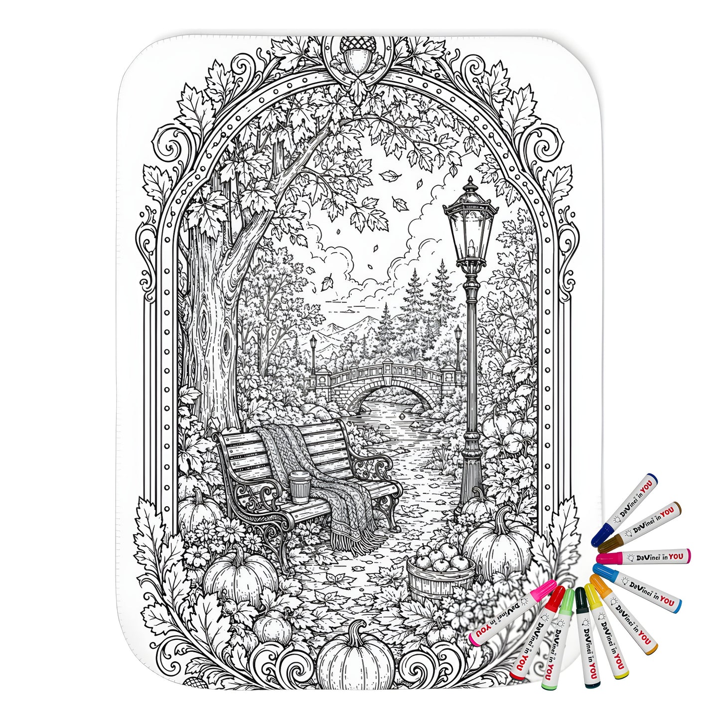 Autumn Park Bench Sherpa Blanket coloring kit mockup with polyester and graphic print