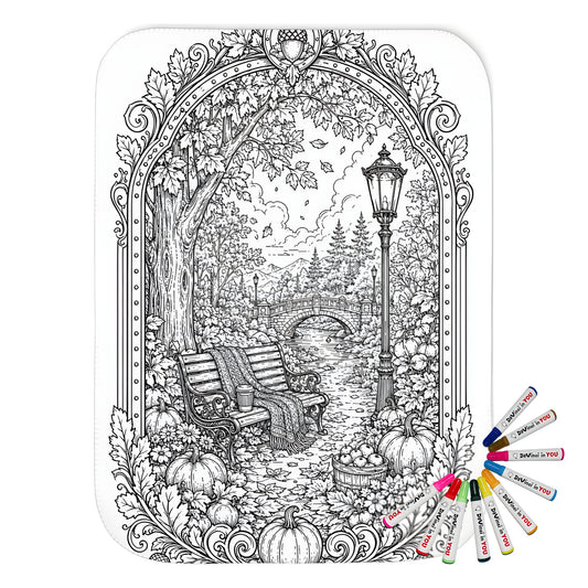Autumn Park Bench Sherpa Blanket coloring kit mockup with polyester and graphic print