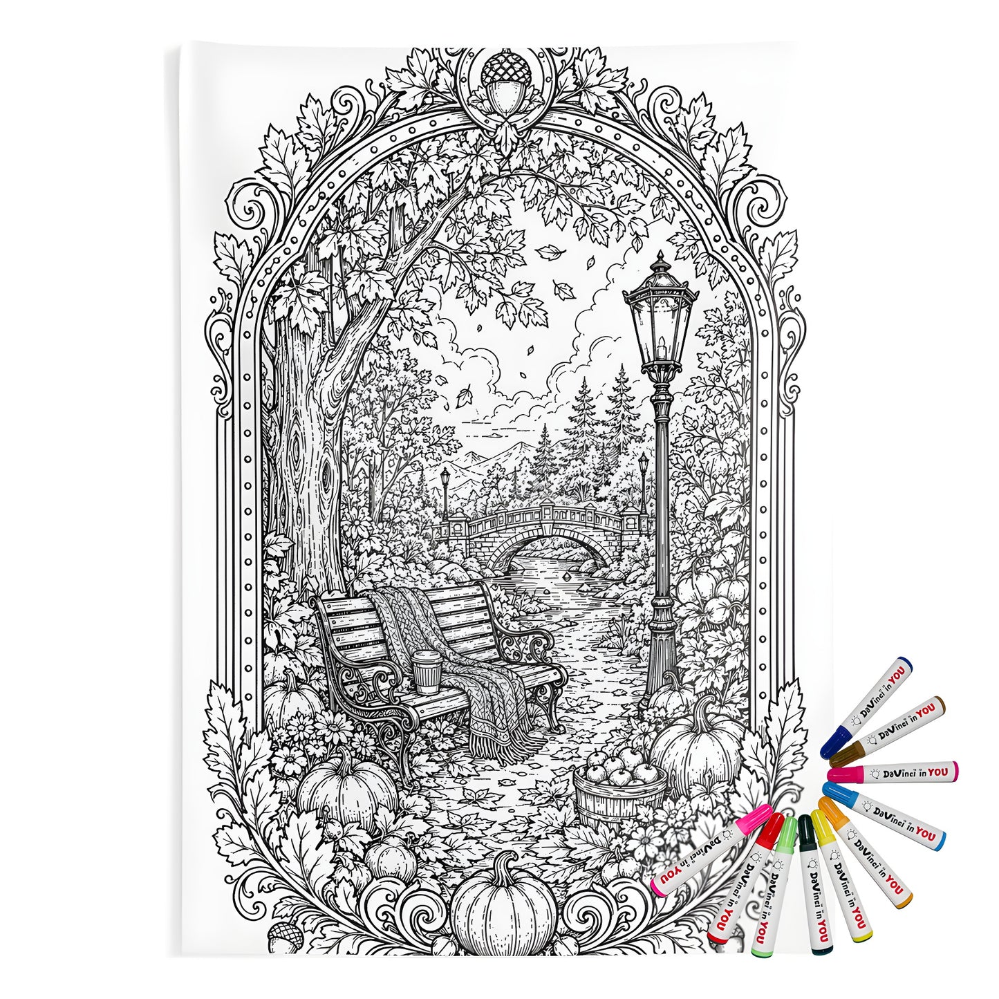 Autumn Park Bench Indoor Wall Tapestry coloring kit mockup with polyester and graphic print