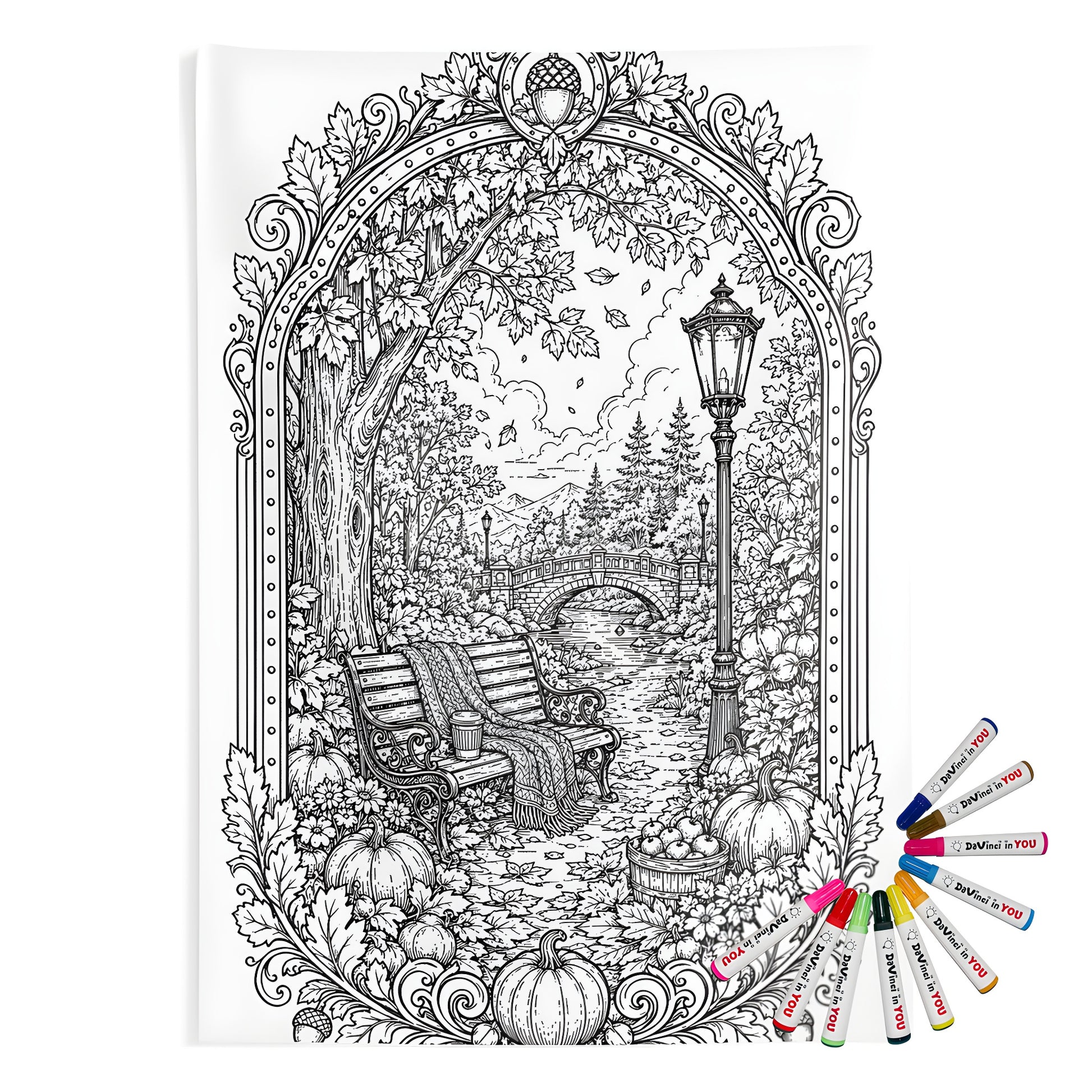 Autumn Park Bench Indoor Wall Tapestry coloring kit mockup with polyester and graphic print