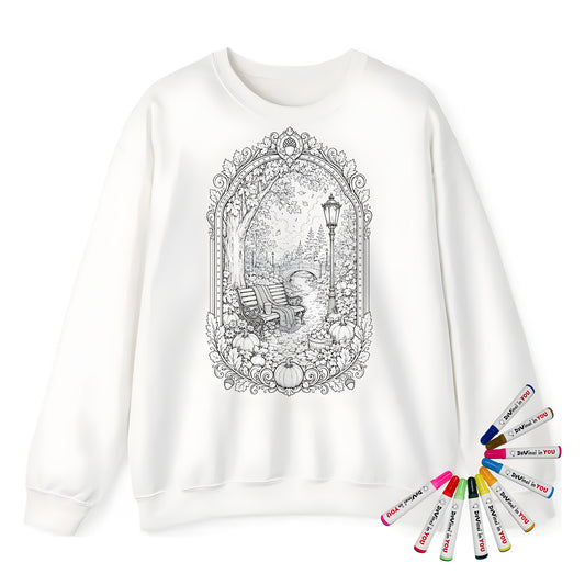 Autumn Park Bench Adult Crewneck Sweatshirt coloring kit mockup with white base, cotton/polyester blend, and graphic print