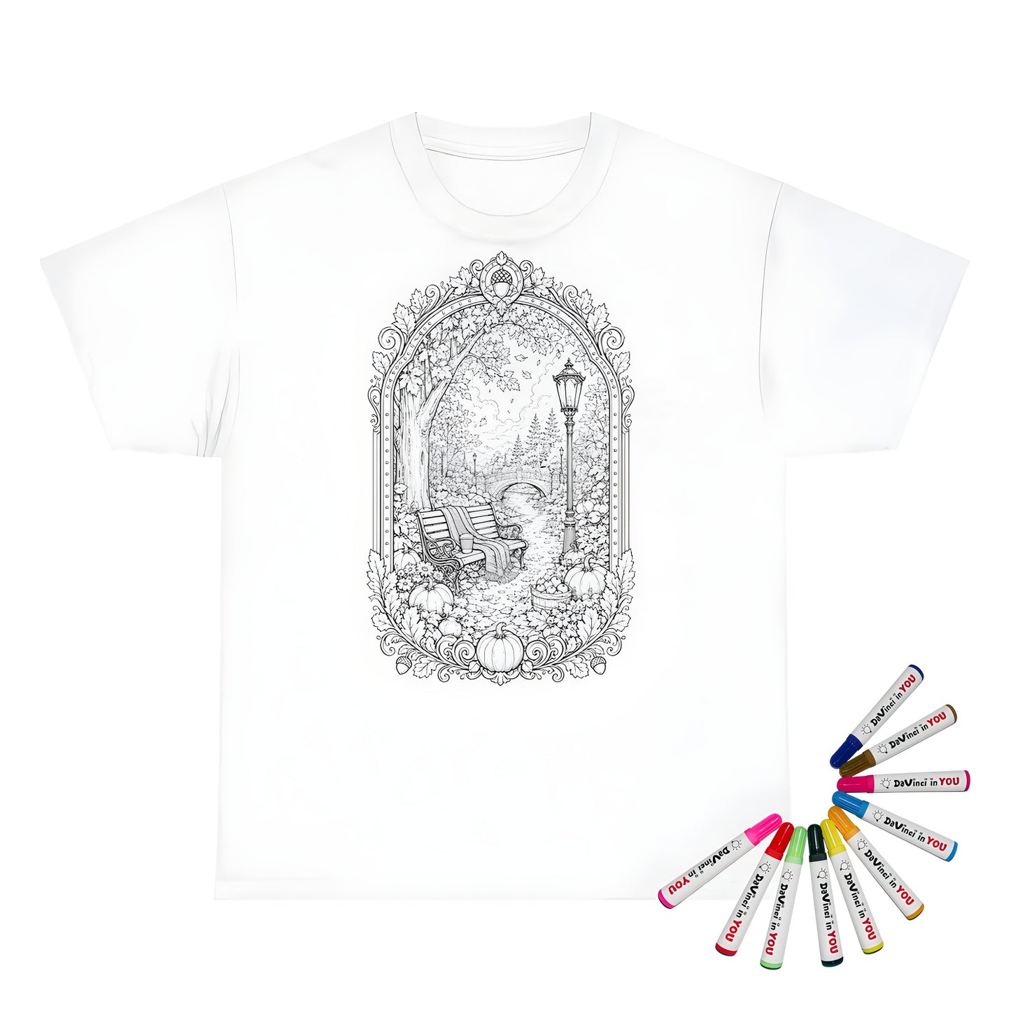 Autumn Park Bench Kids T-Shirt coloring kit mockup with white base, cotton, and graphic print