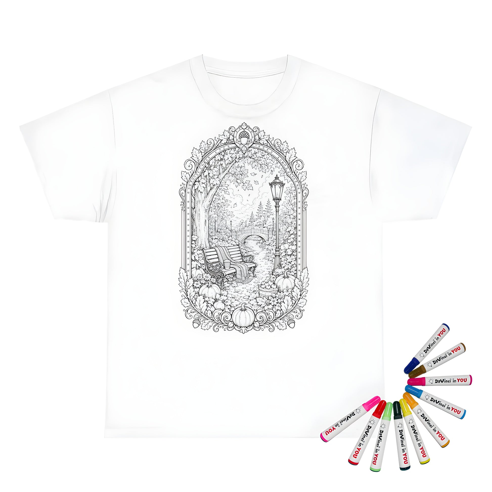 Autumn Park Bench Kids T-Shirt coloring kit mockup with white base, cotton, and graphic print