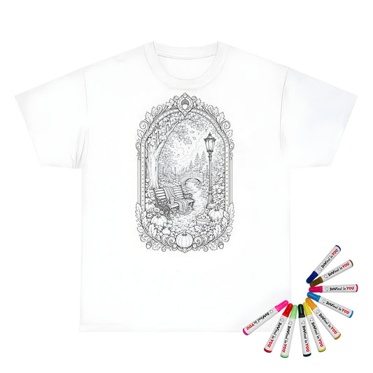 Autumn Park Bench Kids T-Shirt coloring kit mockup with white base, cotton, and graphic print