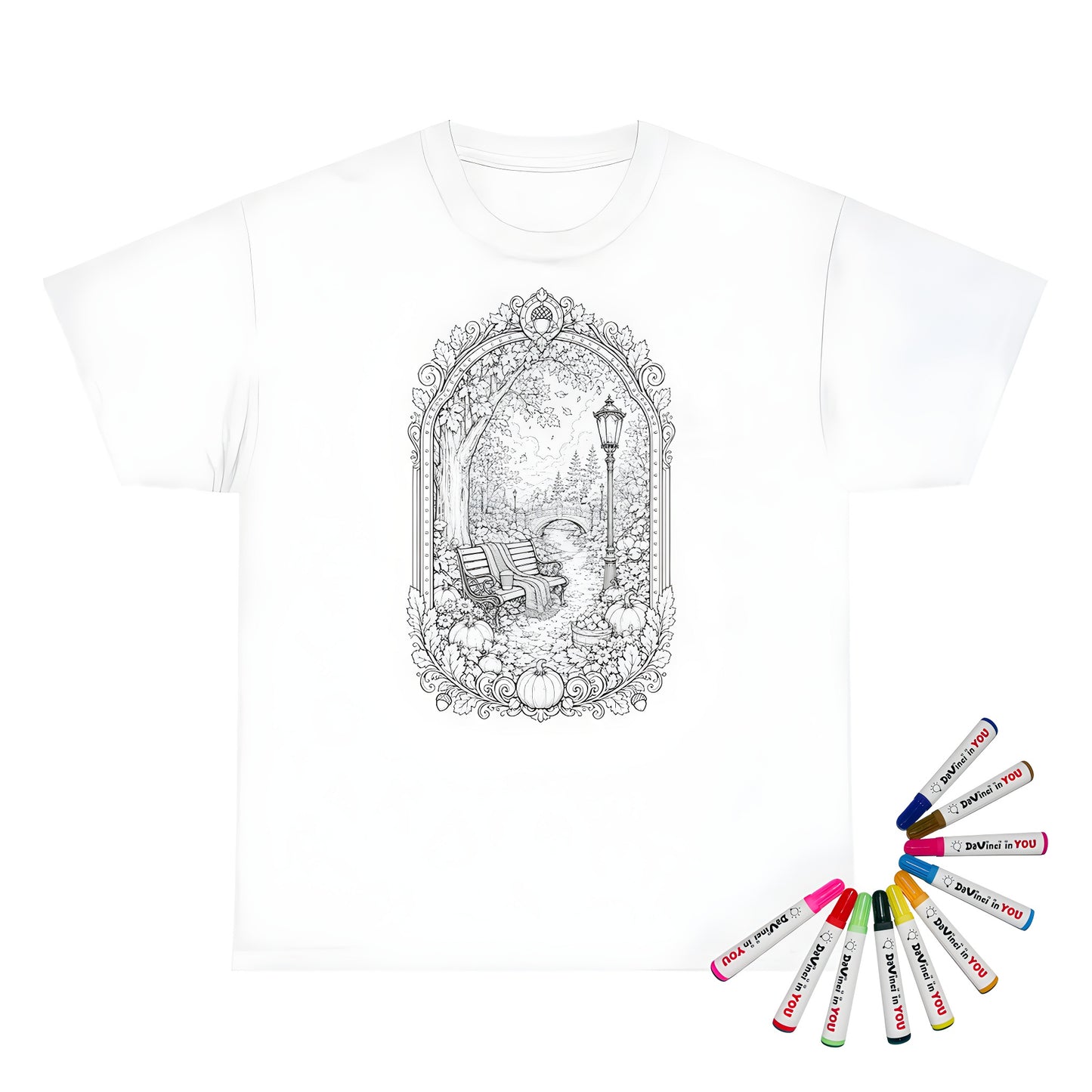 Autumn Park Bench Unisex T-Shirt coloring kit mockup with white base, cotton, and graphic print