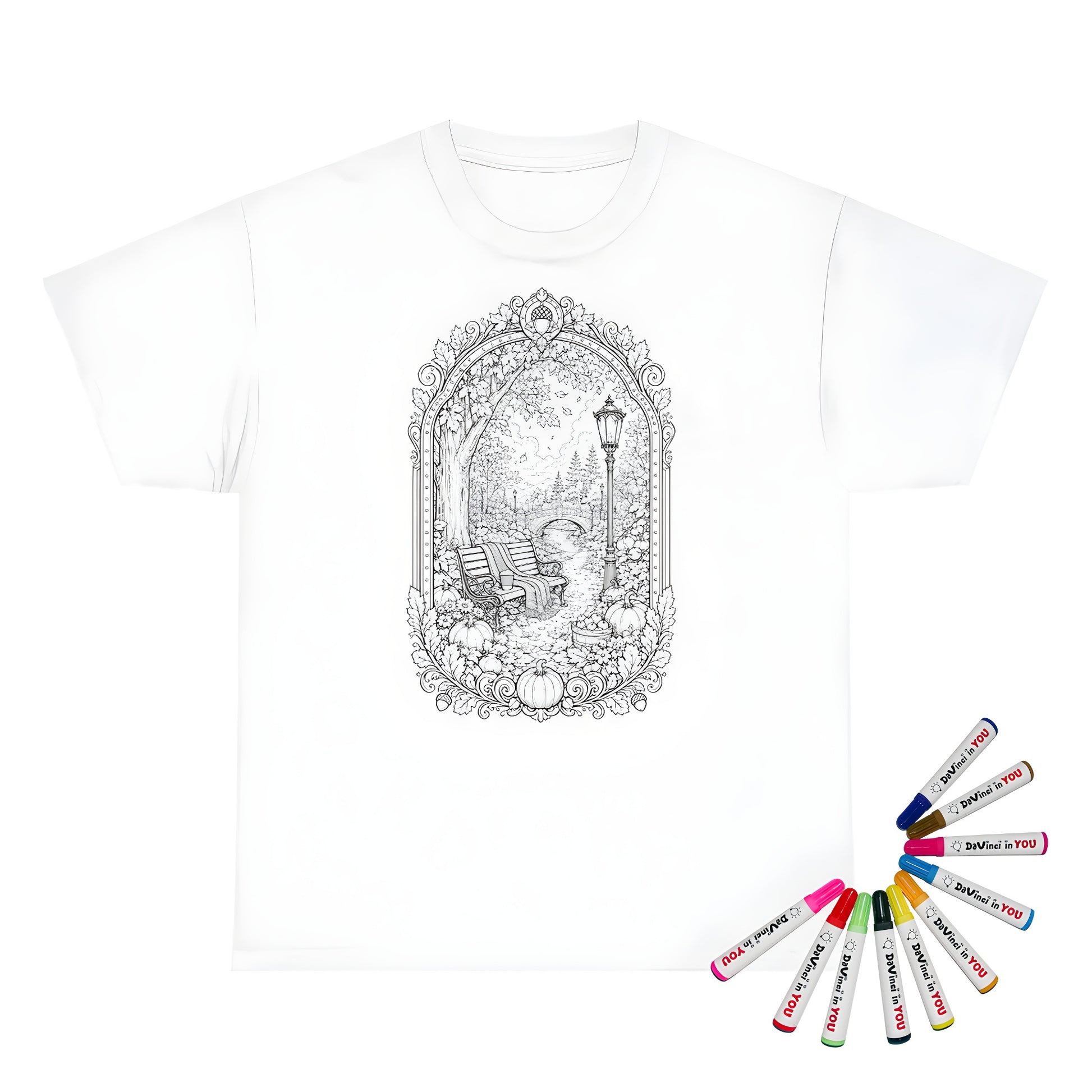 Autumn Park Bench Unisex T-Shirt coloring kit mockup with white base, cotton, and graphic print