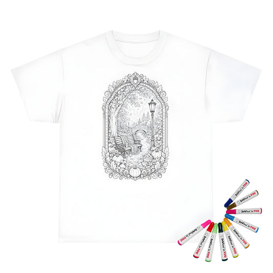 Autumn Park Bench Unisex T-Shirt coloring kit mockup with white base, cotton, and graphic print