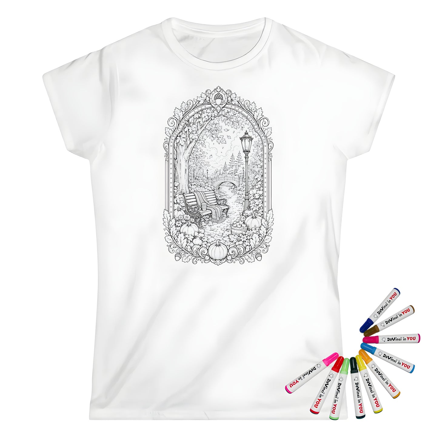 Autumn Park Bench Womens T-Shirt coloring kit mockup with white base, cotton, and graphic print